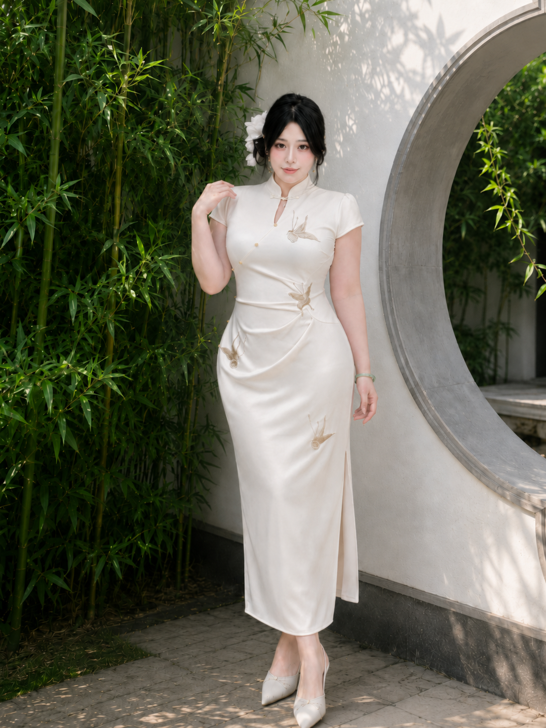 White jacquard plus size cheongsam short sleeve slim midi dress with mandarin collar and side slit elegant garden style qipao for curvy women back view