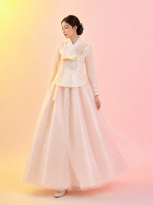  White long sleeve women hanbok blush pink full chima skirt with yellow bow elegant bridal style set for bride back view