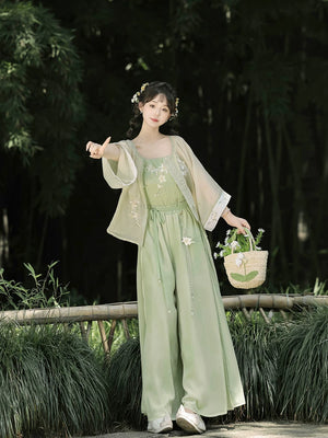 White wide sleeve modern hanfu sage green wide leg pants casual everyday chinese style set for women back view