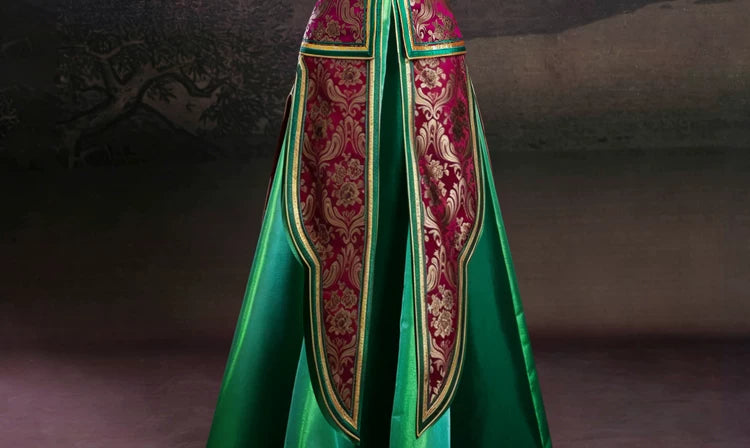 Women mongolian green ethnic catwalk dress high end robe vest for dance performance photography wedding etiquette fabric detail