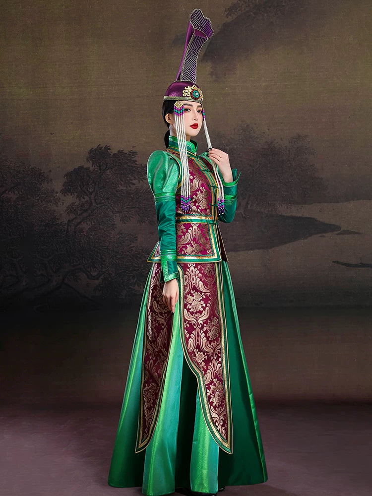 Women mongolian green high end ethnic dress robe vest for dance performance photography catwalk wedding etiquette back view