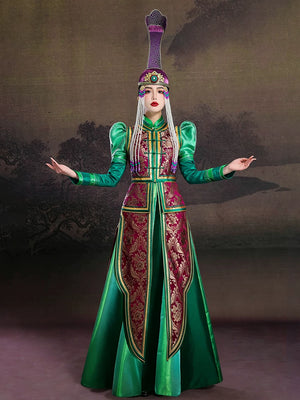 Women mongolian robe green dress vest high end ethnic dress dance performance photography etiquette catwalk wedding for women front view