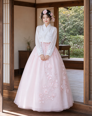 Women hanbok white long sleeve jeogori and pink 3d floral tulle chima skirt with floral headpiece dreamy bridal style for bride front view