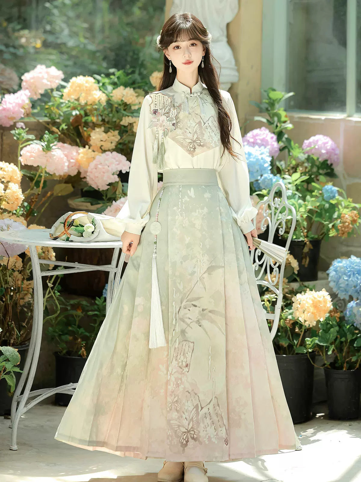 Women improved daily hanfu set new chinese style mandarin collar top with matching horse skirt han element full length view

