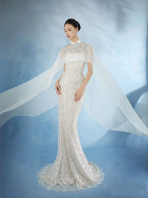 Women light luxury cheongsam evening dress high end niche adult ceremony new chinese national style host guzheng performance outfit back view