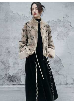 Women yinqiu winter coat bamboo leaf jacquard contrasting color plush cotton woolen top full length view