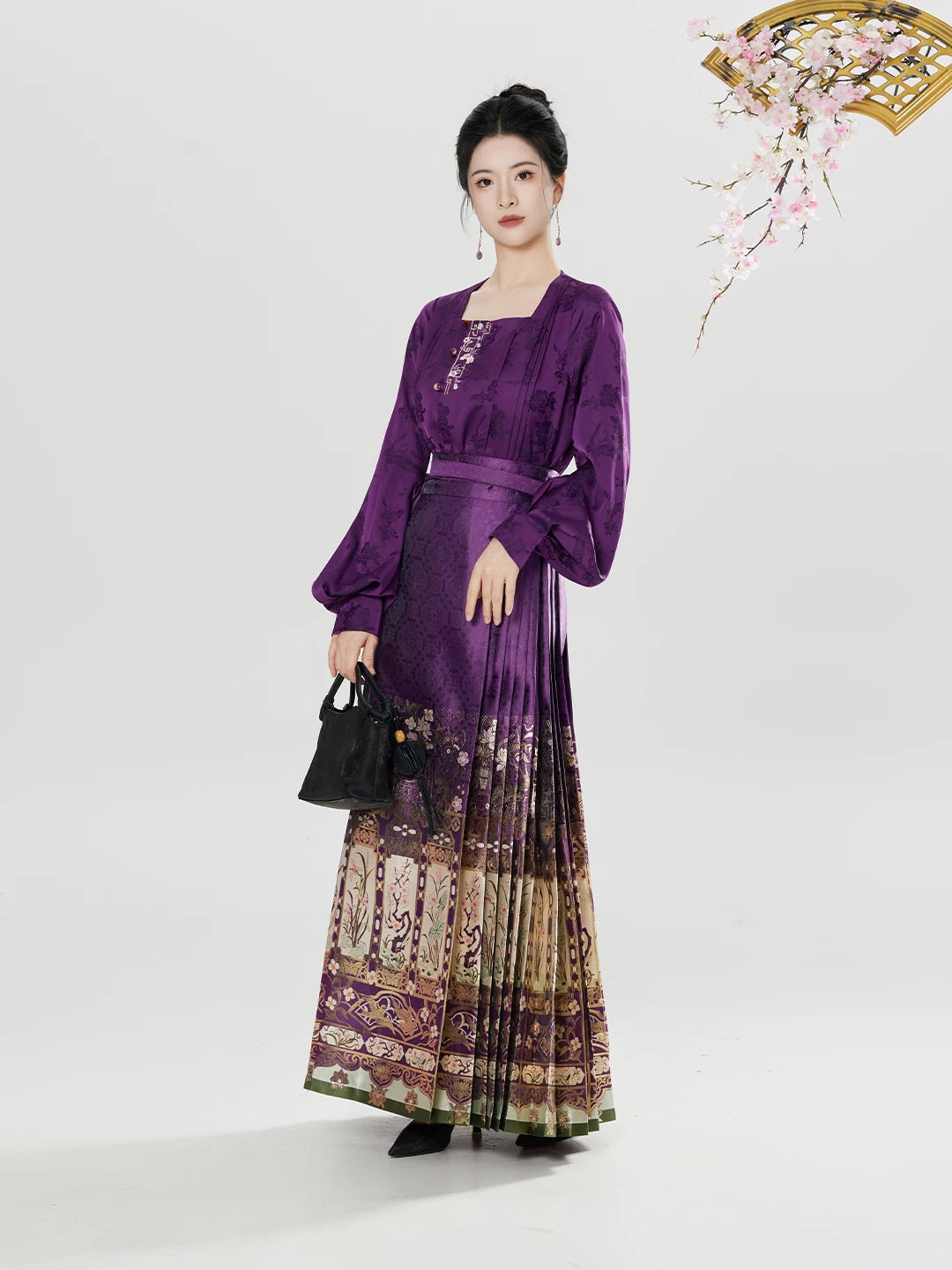 Wood carving window grilles ming style hanfu square collar shirt half turtleneck sweater horse dress skirt suit for women back view

