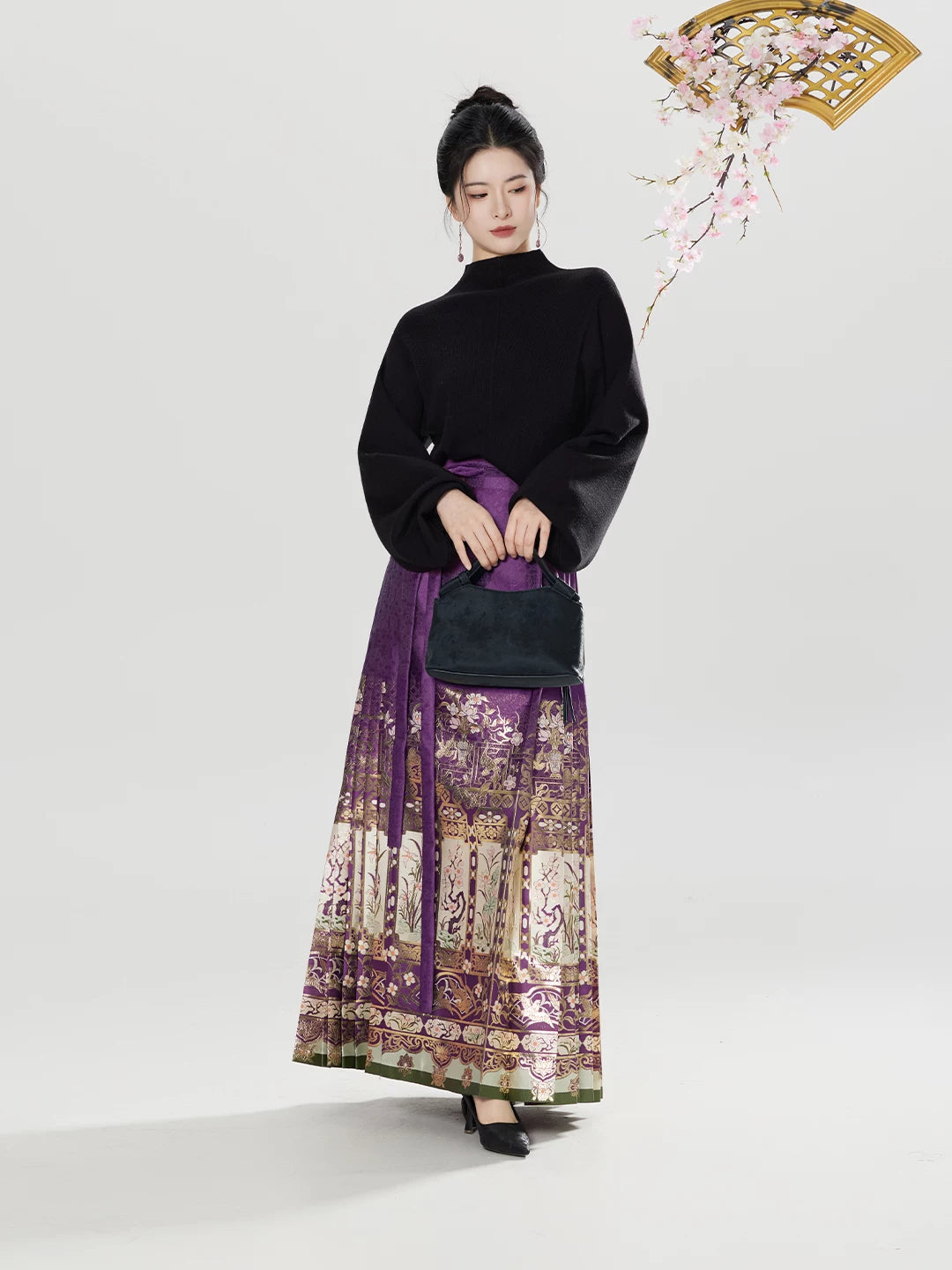 Wood carving window grilles winter hanfu set ming horse dress square collar shirt half turtleneck sweater skirt suit fabric detail

