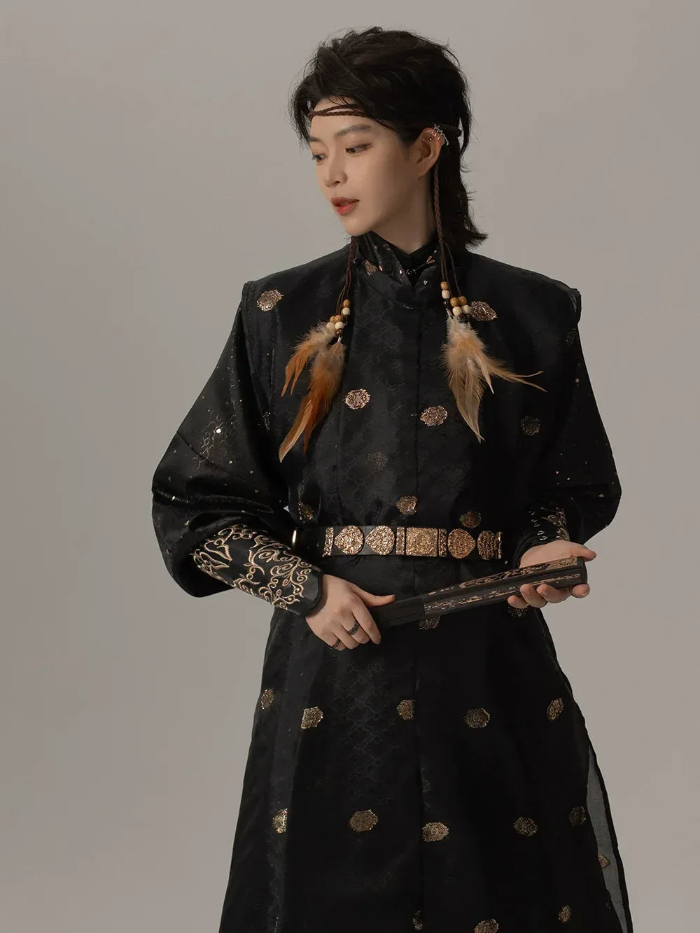Wujing spring autumn jacket gold brocade round collar hanfu inspired modern robe fabric and brocade detail