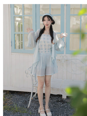  Xiaolu water daily commuter hanfu style set tencel cross neck top and bud shorts with sunscreen long sleeve in soft blue color full length view