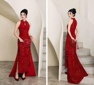 Chinese wedding cheongsam xijiayin red trailing qipao featuring embroidered cloud shoulder and beaded jacket