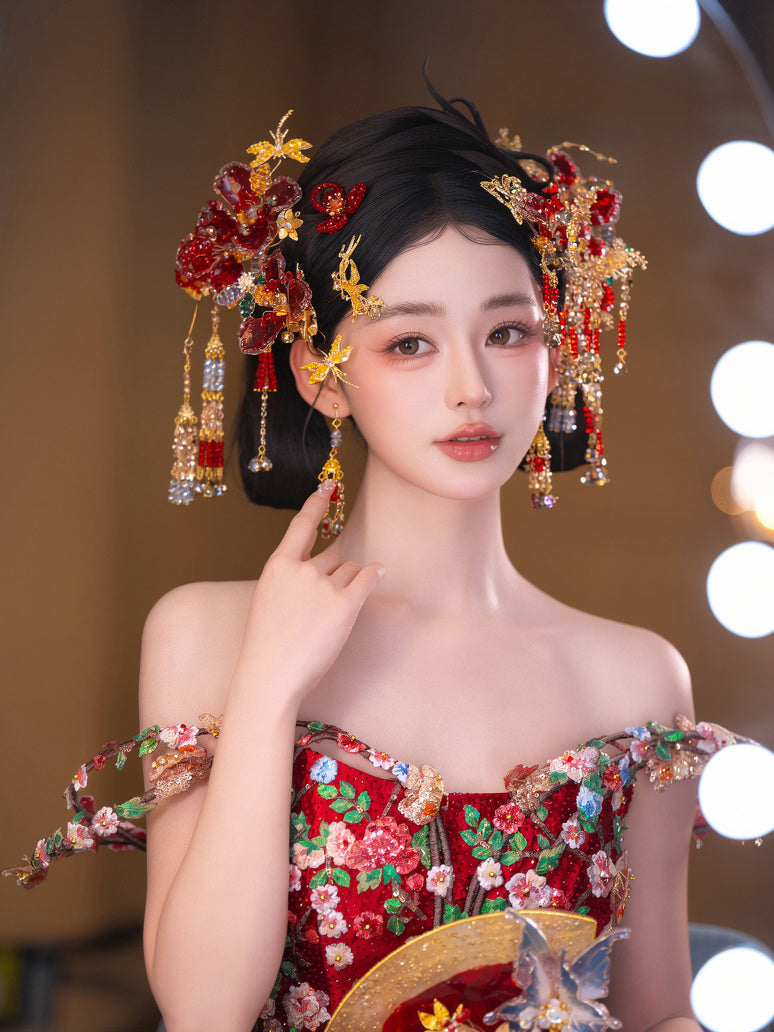 Xiuhe headdress red gold set versatile cheongsam morning robe and new chinese dress accessory back view