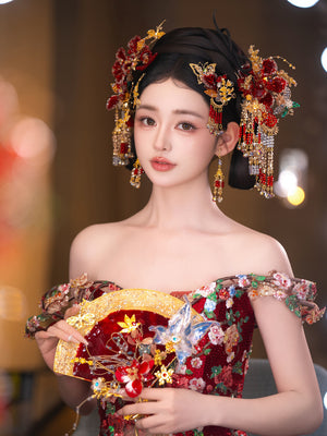 Xiuhe headdress red gold versatile cheongsam morning robe new chinese dress accessories for bride front view