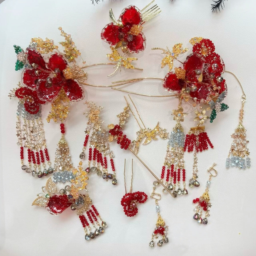 Xiuhe headdress for bride red gold versatile cheongsam morning robe new chinese style hair accessory detail