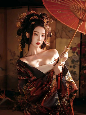Yanjian inspired black korean hanbok exotic long robe outfit for photoshoots and stage