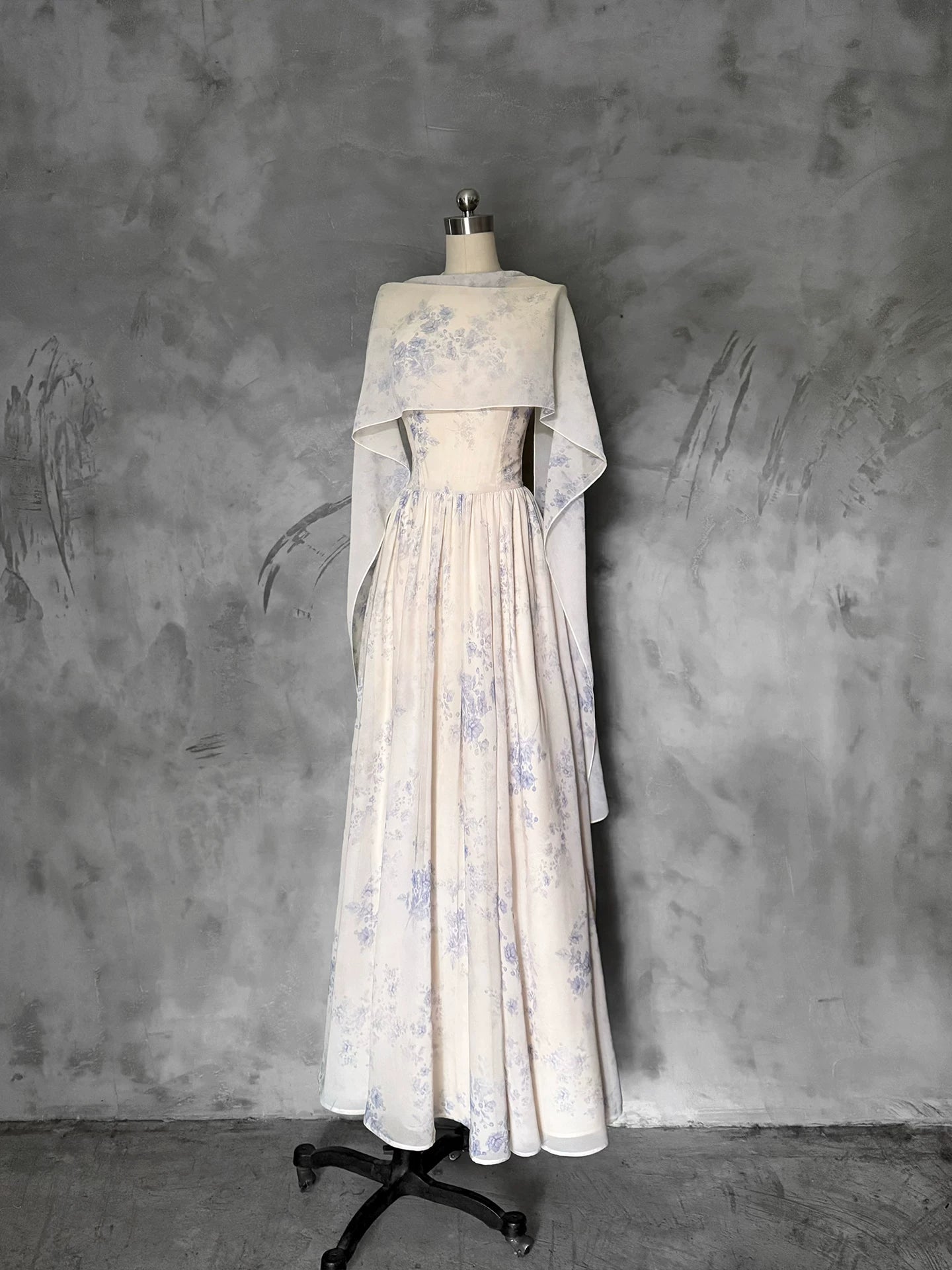 Yarn fog blue white ethereal long dress new chinese two wear floating shawl for women spring summer fabric detail