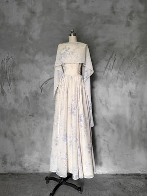 Yarn fog blue white ethereal long dress new chinese two wear floating shawl for women spring summer fabric detail
