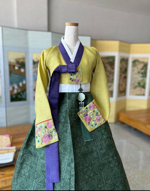 Bold yellow and green korean hanbok timeless traditional dress with hand embroidered florals