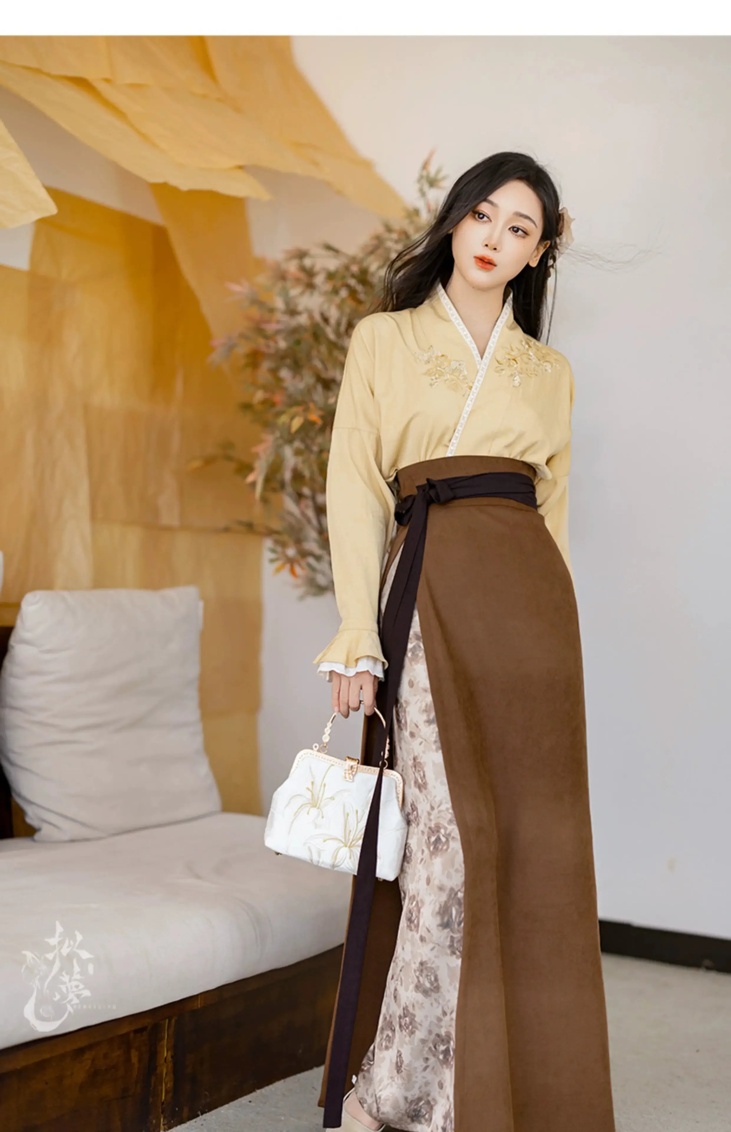 Yellow rose song inspired hanfu coat new chinese style everyday outerwear with flowing sleeve dress for women back view