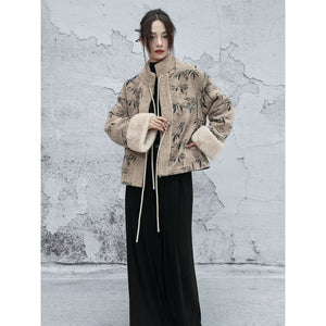 Yinqiu bamboo leaf jacquard jacket women new winter woolen top contrasting color plush cotton coat front view