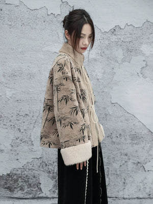 Yinqiu winter woolen plush coat bamboo leaf jacquard contrasting color jacket for women back view
