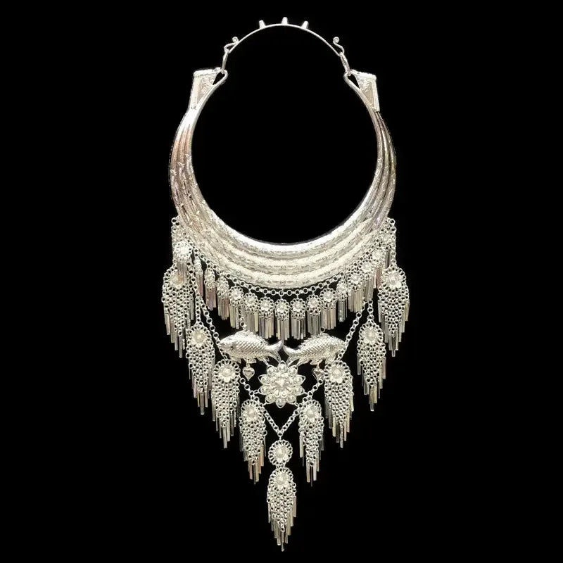  Yunnan ethnic exaggerated large collar necklace miao silver pendant performance jewelry for women back view