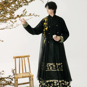 Zhaohua fu genuine original hanfu new chinese buckle stand up collar jacket with brocade horse face skirt men women