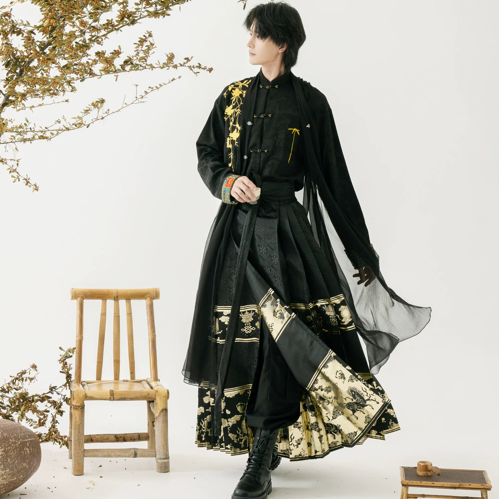 Zhaohua fu hanfu men genuine original national style new chinese buckle stand up collar jacket men clothing brocade horse face skirt for men and women