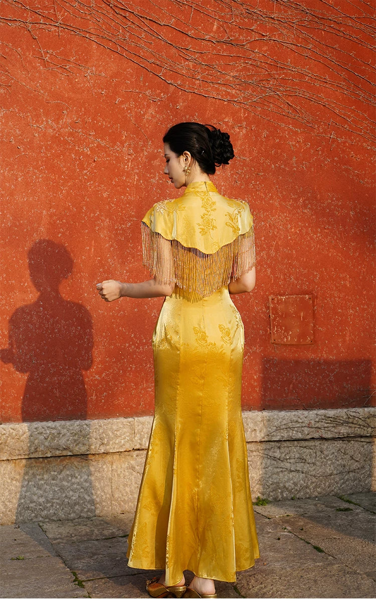 Zhiye jinchan mulberry silk bead embroidered cheongsam new chinese tassel cloud shoulder fishtail dress for women back view