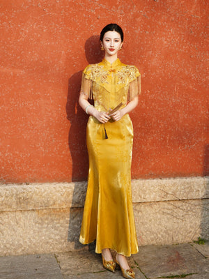 Zhiye jinchan new chinese mulberry silk bead embroidered tassel cloud shoulder fishtail dress cheongsam for women front view