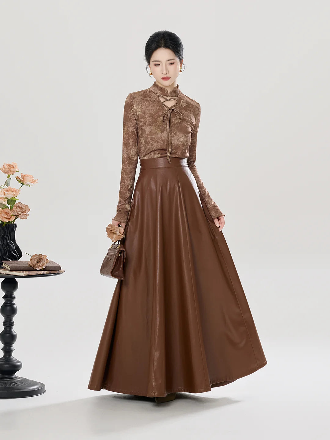 Brown printed knit top and flowing long skirt outfit