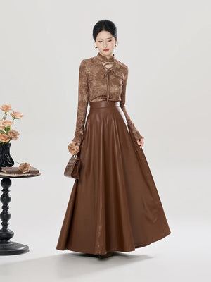 Brown printed knit top and flowing long skirt outfit