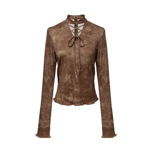 Brown lace-up knit top, product view