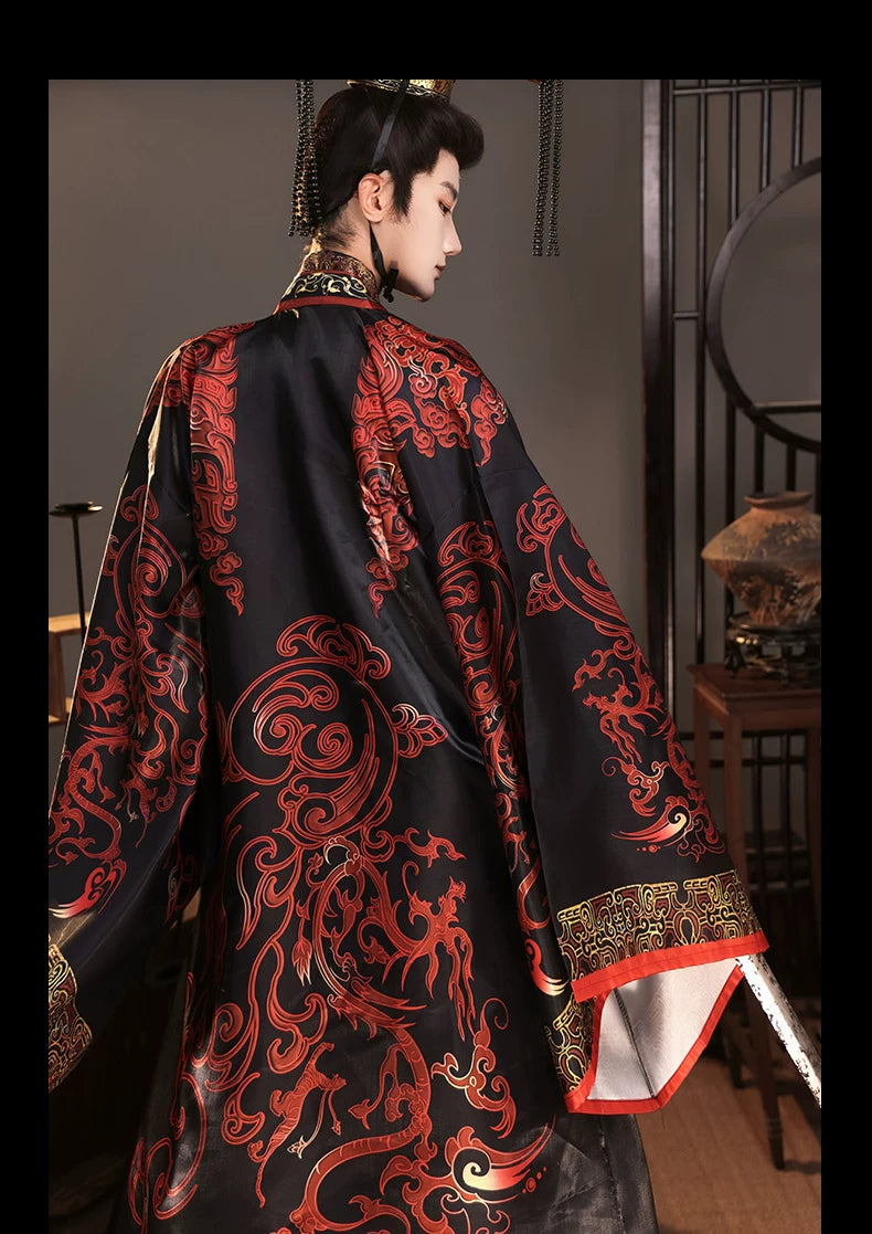 Back view of the black and red emperor Hanfu robe showing large dragon motifs