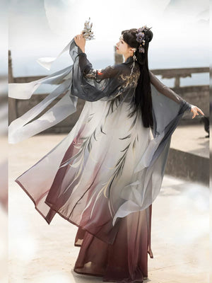 Back view of the Xuanniao gray gradient outer robe with feather-like motifs and long sleeve ribbons