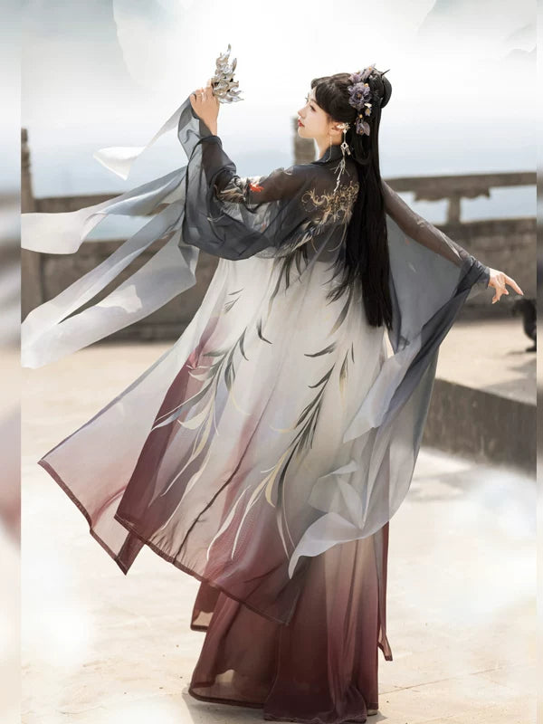 Back view of the Xuanniao gray gradient outer robe with feather-like motifs and long sleeve ribbons