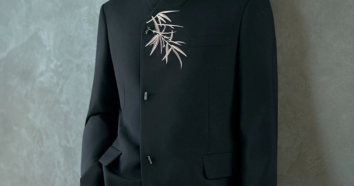 Bamboo chest motif and asymmetric jacket closures
