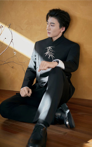 Bamboo Black Chinese Groom Suit — Seated view showing jacket and trousers