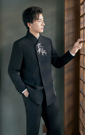 Bamboo Black Chinese Groom Suit — Side view beside a wooden doorway