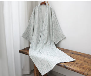 Classic collar trim and bamboo leaf weave detail on the cotton gauze robe