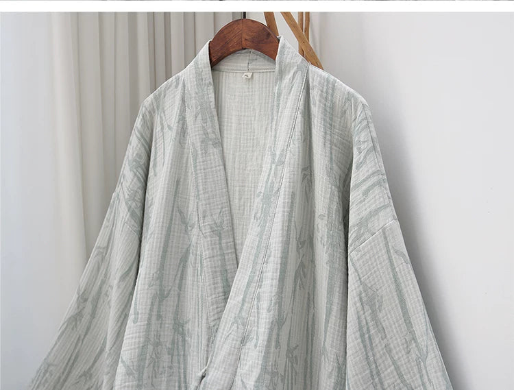 Unprinted bamboo leaf pattern woven into breathable crinkled cotton gauze