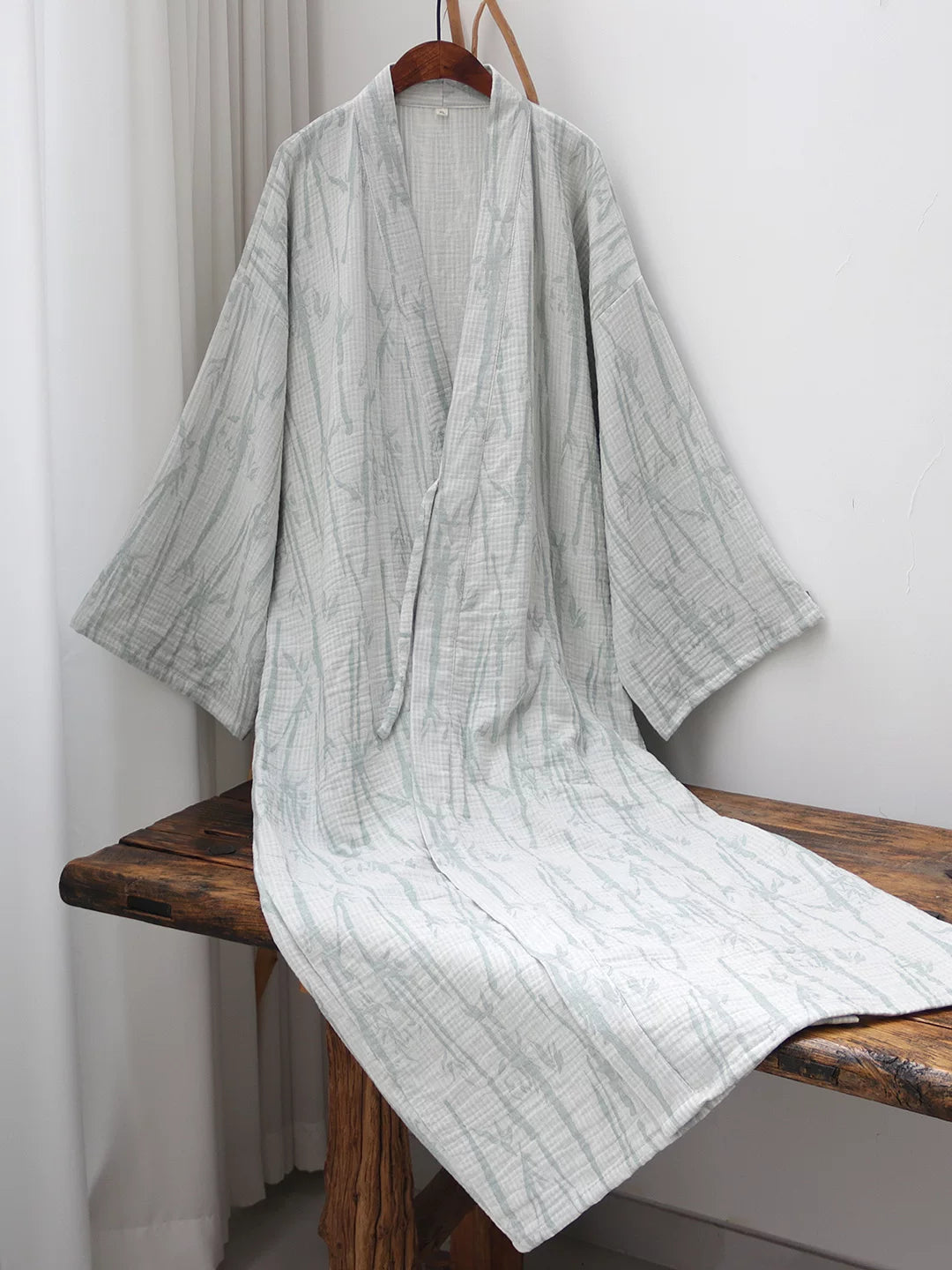 Full-length gray bamboo leaf cotton gauze robe showing the flowing 120 or 135 cm silhouette
