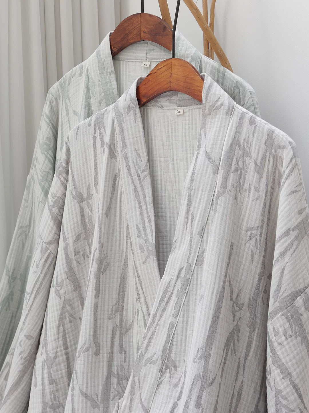 Gray bamboo leaf three-layer cotton gauze robe styled as relaxed New Chinese loungewear