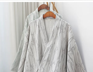 Gray bamboo leaf robe product view with classic trim and relaxed crossover shape