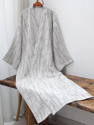 Green bamboo leaf cotton gauze robe with classic trim and crossover front