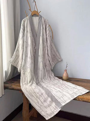 Gray bamboo leaf three-layer cotton gauze robe in a relaxed New Chinese style front view