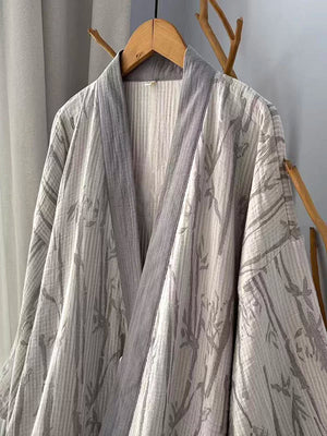 Full-length gray bamboo leaf cotton gauze loungewear robe with flowing hem