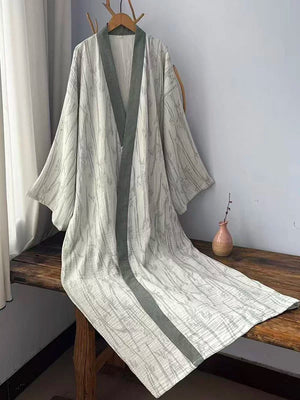 Green-trim bamboo leaf cotton gauze robe with crossover front and wide sleeves
