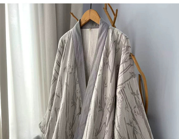Gray collar and woven bamboo leaf pattern detail on the cotton gauze robe