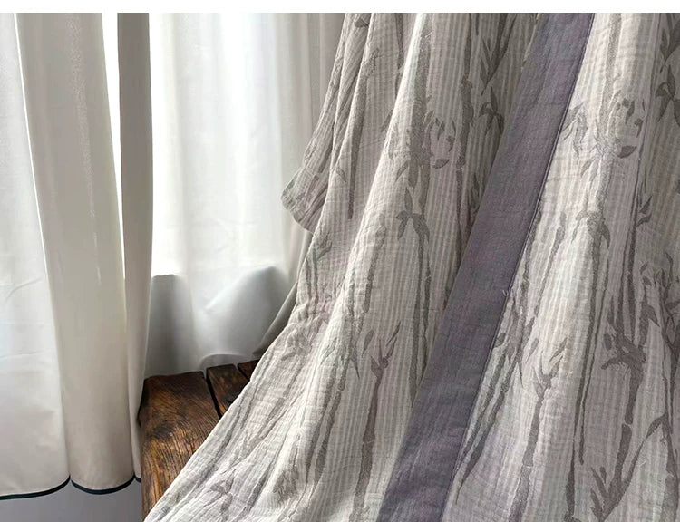 Natural crinkle cotton gauze texture and bamboo leaf weave detail